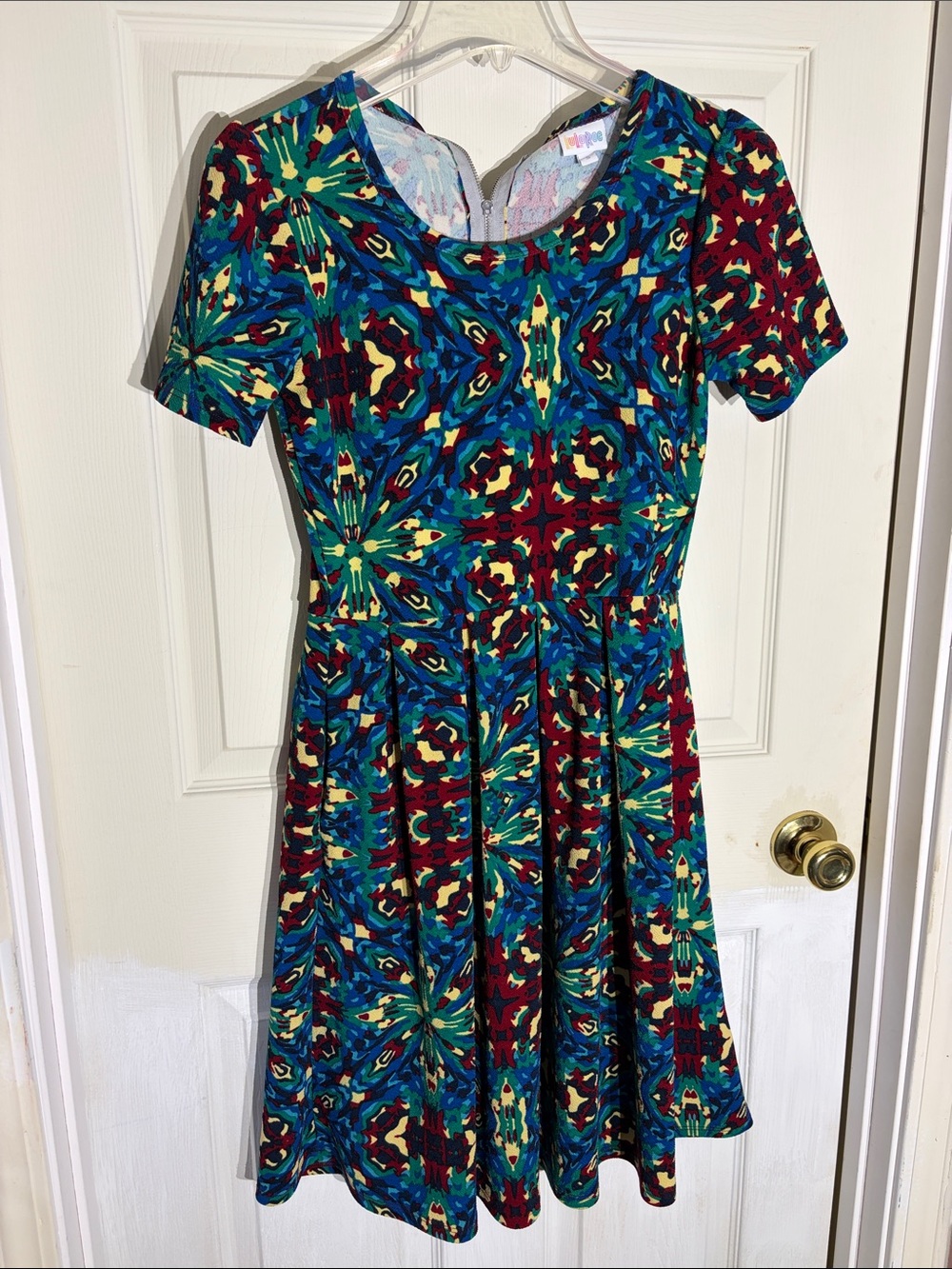 Women's Short-Sleeve Fit & Flare Dress in Multicolor Kaleidoscope - Picture 2 of 8